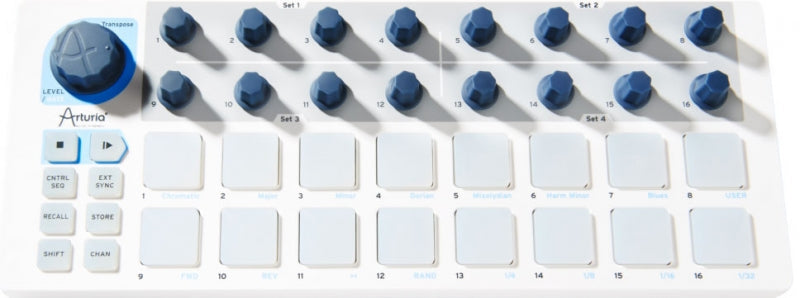 White MIDI controller with sixteen pads, sixteen rotary knobs, and multiple labeled buttons including a large blue LEVEL knob.