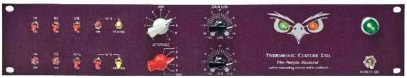 Front view of a purple audio mixer panel with multiple knobs, toggle switches, and push buttons.
