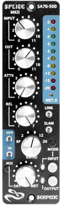 Black audio processor module with multiple knobs, switches, LED indicators, and white text labels on front panel.