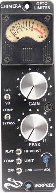Black audio processor panel with two large knobs, four toggle switches, and a VU meter at the top.