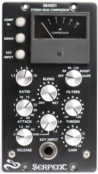 Black audio compressor device with multiple knobs, buttons, a meter, and a 1/4 inch input jack.