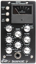 Black audio compressor device with multiple knobs, buttons, a meter, and a 1/4 inch input jack.