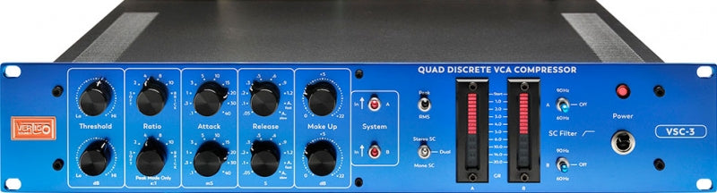 Front panel of a blue quad discrete VCA compressor with knobs, switches, LED meters, and a jack.