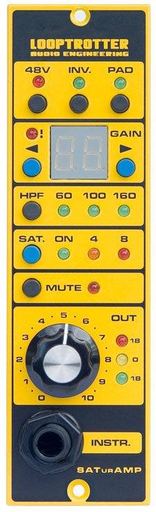 Yellow audio device with buttons, LED indicators, rotary knob, and a 1/4 inch audio input jack labeled SATurAMP.