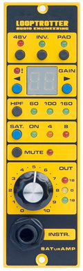 Yellow audio device with buttons, LED indicators, rotary knob, and a 1/4 inch audio input jack labeled SATurAMP.