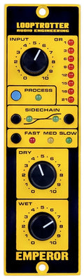 Yellow and black audio engineering module with knobs, buttons, and LED indicators labeled Emperor by Looptrotter.