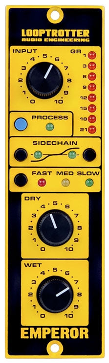 Yellow and black audio engineering module with knobs, buttons, and LED indicators labeled Emperor by Looptrotter.