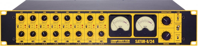 Black and yellow audio mixer with multiple rotary knobs, toggle switches, and two analog VU meters.