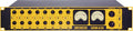 Black and yellow audio mixer with multiple rotary knobs, toggle switches, and two analog VU meters.