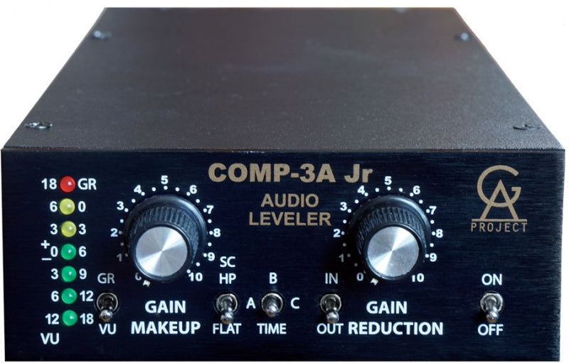 Front panel of a COMP-3A Jr audio leveler with knobs, LED meters, and toggle switches on a black metal case.