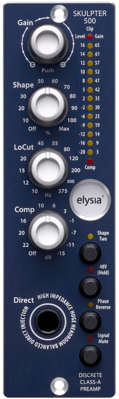 Front panel of a blue audio preamp with four knobs, four push buttons, and one 1/4 inch jack input.