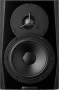 Black speaker with two drivers and DYNAUDIO logo on front panel.
