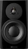 Front view of a black DYNAUDIO speaker with a tweeter and woofer visible.