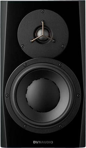 Front view of a black DYNAUDIO speaker with a tweeter and woofer visible.