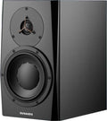 Black studio monitor speaker with tweeter and woofer drivers on front panel.