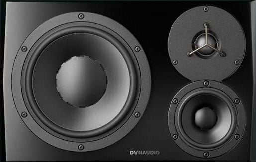 Front view of a black studio monitor speaker with three speaker drivers and DYNAUDIO logo.