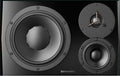Front view of a black studio monitor speaker with three speaker drivers and DYNAUDIO logo.