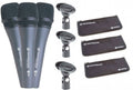 Three black handheld microphones with clips and three black zippered pouches shown on white background.