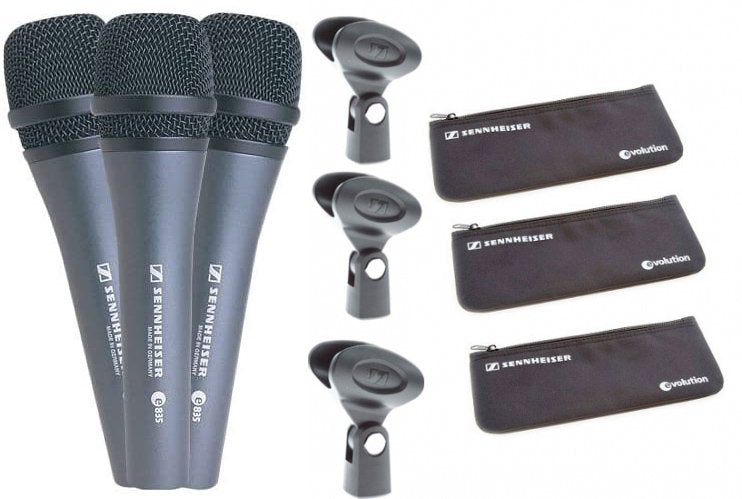 Three black handheld microphones with clips and three black zippered pouches shown on white background.