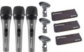 Three black Sennheiser handheld microphones, three microphone clips, and three black zippered pouches on white background.