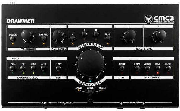 Top view of a Drawmer CMC3 monitor controller with knobs, switches, and buttons for talkback, source select, speaker select, and headphone control.