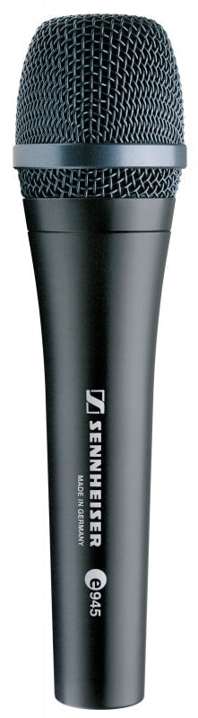 Black Sennheiser microphone with a metal mesh grille and branding on the handle.