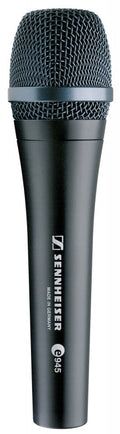 Black Sennheiser microphone with a metal mesh grille and branding on the handle.