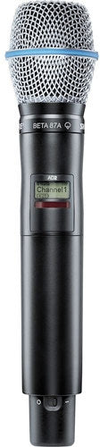 Wireless handheld microphone with metal mesh grille and digital display showing Channel 1.