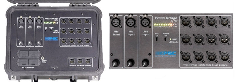 Black audio preamp/DI unit with multiple XLR inputs, outputs, toggle switches, and blue PSC logo on front panel.