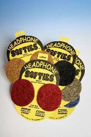 Five pairs of round headphone soft covers in various colors on yellow cards labeled 'HEADPHONE SOFTIES'.