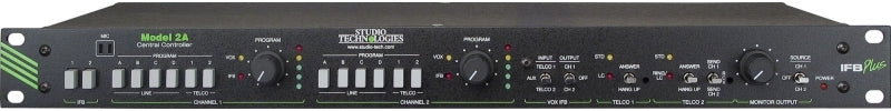 Front panel of a black Studio Technologies Model 2A Central Controller with buttons, knobs, LEDs, and a headphone jack.