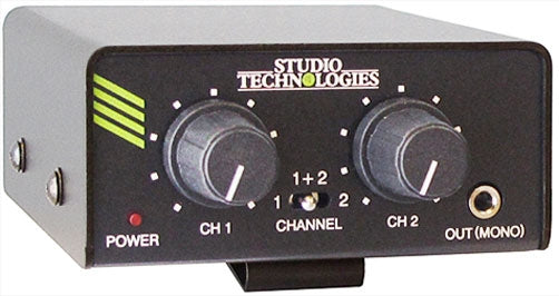Black audio device with two rotary knobs, a toggle switch, and a 1/4 inch output jack on front panel.