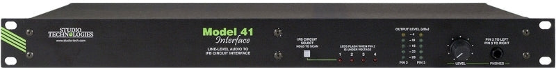 Front panel of a Studio Technologies Model 41 Interface with controls, indicator LEDs, and output level markings.