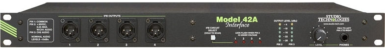 Front panel of a Studio Technologies Model 42A Interface with XLR outputs, circuit select button, level knob, and headphone jack.