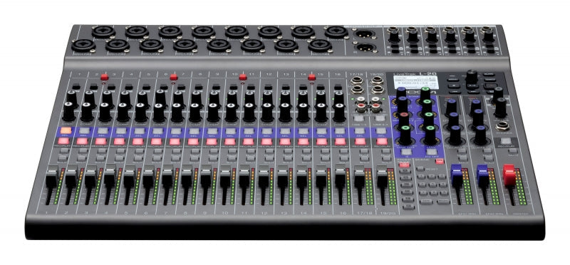 Audio mixer with multiple faders, rotary knobs, combo jack inputs, and a digital display screen.