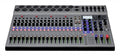 Audio mixer with multiple faders, rotary knobs, combo jack inputs, and a digital display screen.