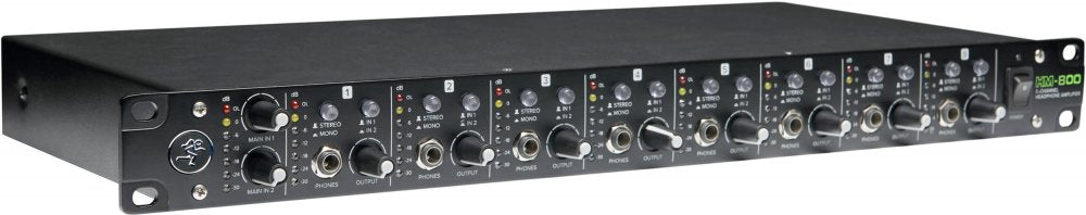 Front angled view of a Mackie HM-800 headphone amplifier with multiple knobs, jacks, and LED indicators.