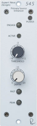 Gray audio processor module with jacks, buttons, and knobs labeled Threshold and Depth from Rupert Neve Designs.