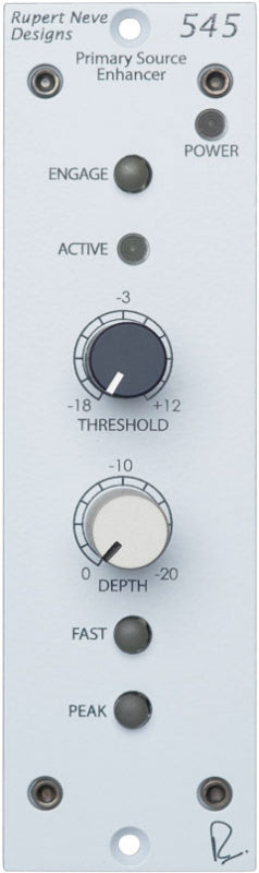 Gray audio processor module with jacks, buttons, and knobs labeled Threshold and Depth from Rupert Neve Designs.