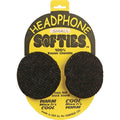 Two black fabric headphone covers mounted on yellow cardboard packaging with product text.