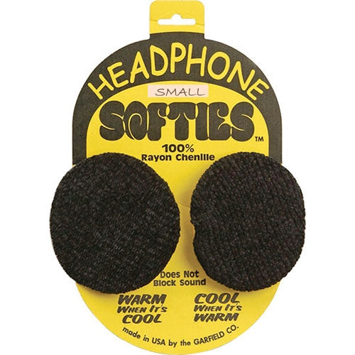 Two black fabric headphone covers mounted on yellow cardboard packaging with product text.