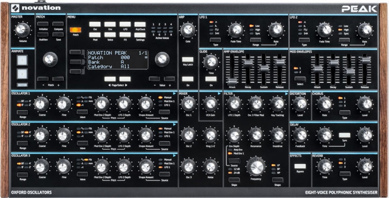 Top view of a Novation Peak synthesizer showing control knobs, buttons, and display screen.