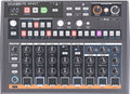 Top view of an Arturia DrumBrute Impact drum machine with multiple knobs, buttons, and pads for sound control.