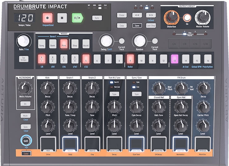 Top view of an Arturia DrumBrute Impact drum machine with multiple knobs, buttons, and pads for sound control.