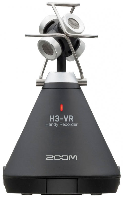 Black and silver audio recorder with three microphones arranged in a triangular configuration on top.
