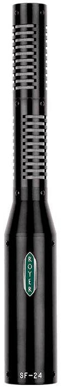 Black cylindrical microphone with a grille pattern near the top and ROYER logo on the body.