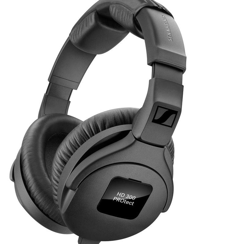 Black over-ear headphones with padded headband and ear cups labeled HD 300 PROtect and SENNHEISER.