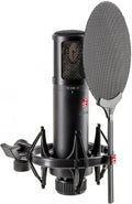 Black condenser microphone with shock mount and pop filter against white background.