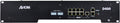 Front panel of a black AVIOM D400 device with multiple Ethernet ports, dip switches, and status LEDs.