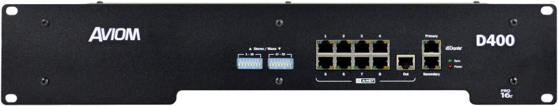 Front panel of a black AVIOM D400 device with multiple Ethernet ports, dip switches, and status LEDs.